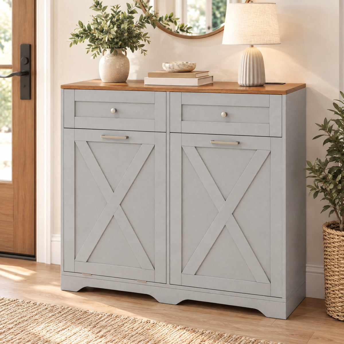 Airfind Tilt Out Trash Can Cabinet with Outlets and Adjustable Shelf, 100 Lbs Capacity, MDF Engineered Wood for Convenient Everyday Use, Gray