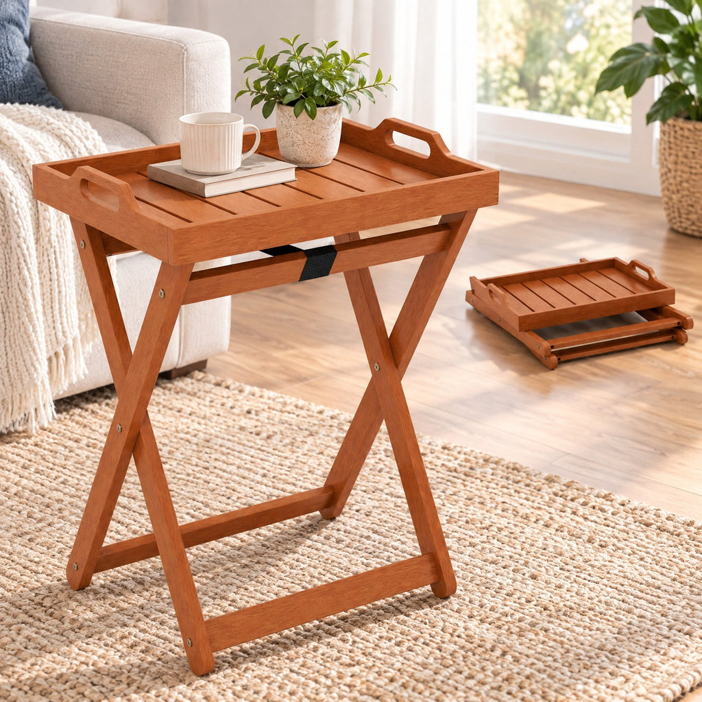 Airfind Outdoor Wood Tray Table Portable Side End Table with Folding Frame, 55 lbs Capacity, Wood Polyester Frame, 16 x 21 x 27 Footprint, Wood