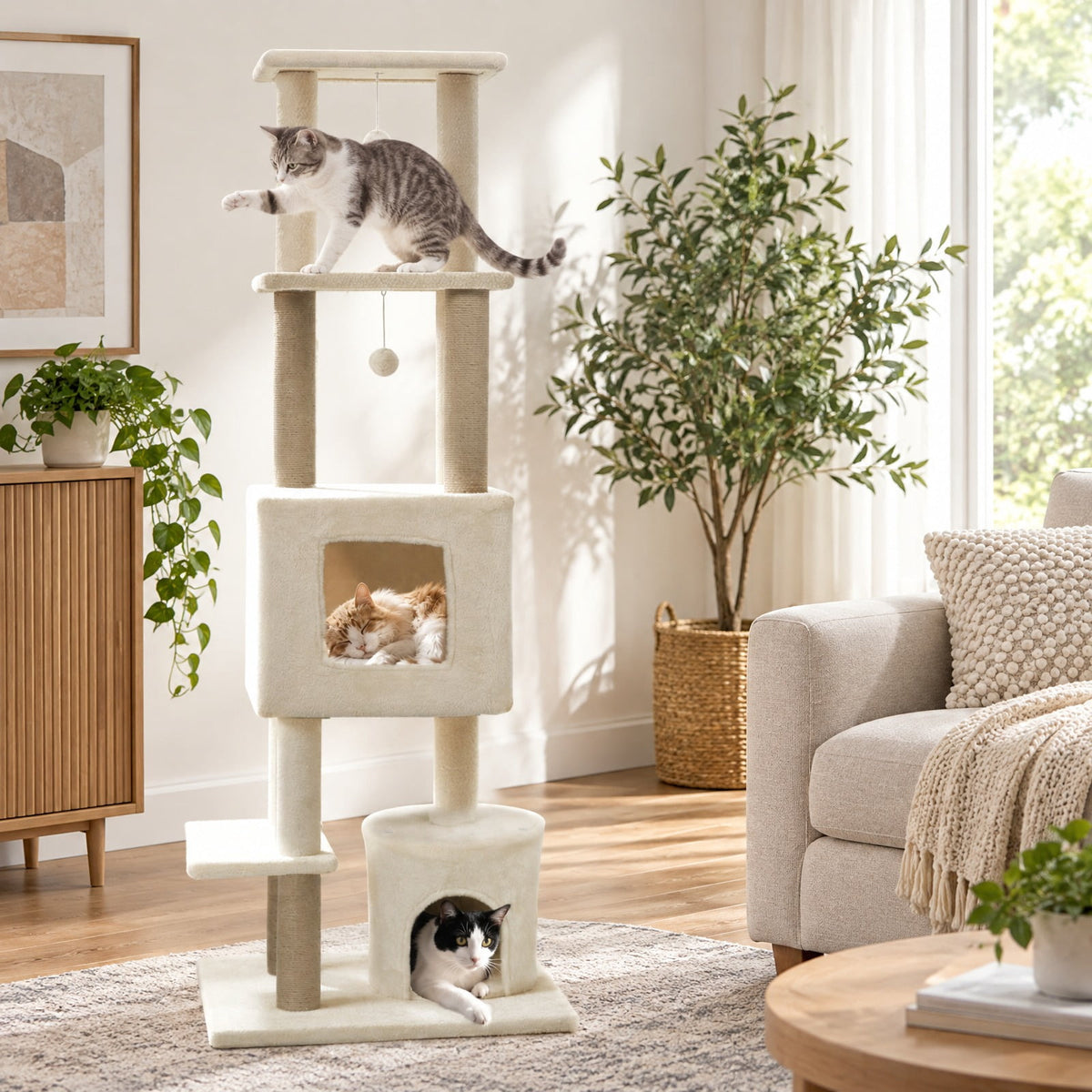 Airfind 64 Inch Tall Cat Tree with 2 Large Condos and Jute Scratching Posts for Indoor Adult Cats, 33 lbs Capacity, Light Grey