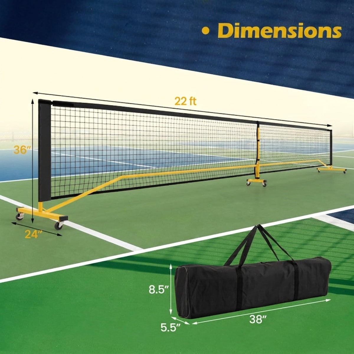 Airfind 22-Foot Portable Pickleball Net with Rolling Wheels Carry Bag, Black