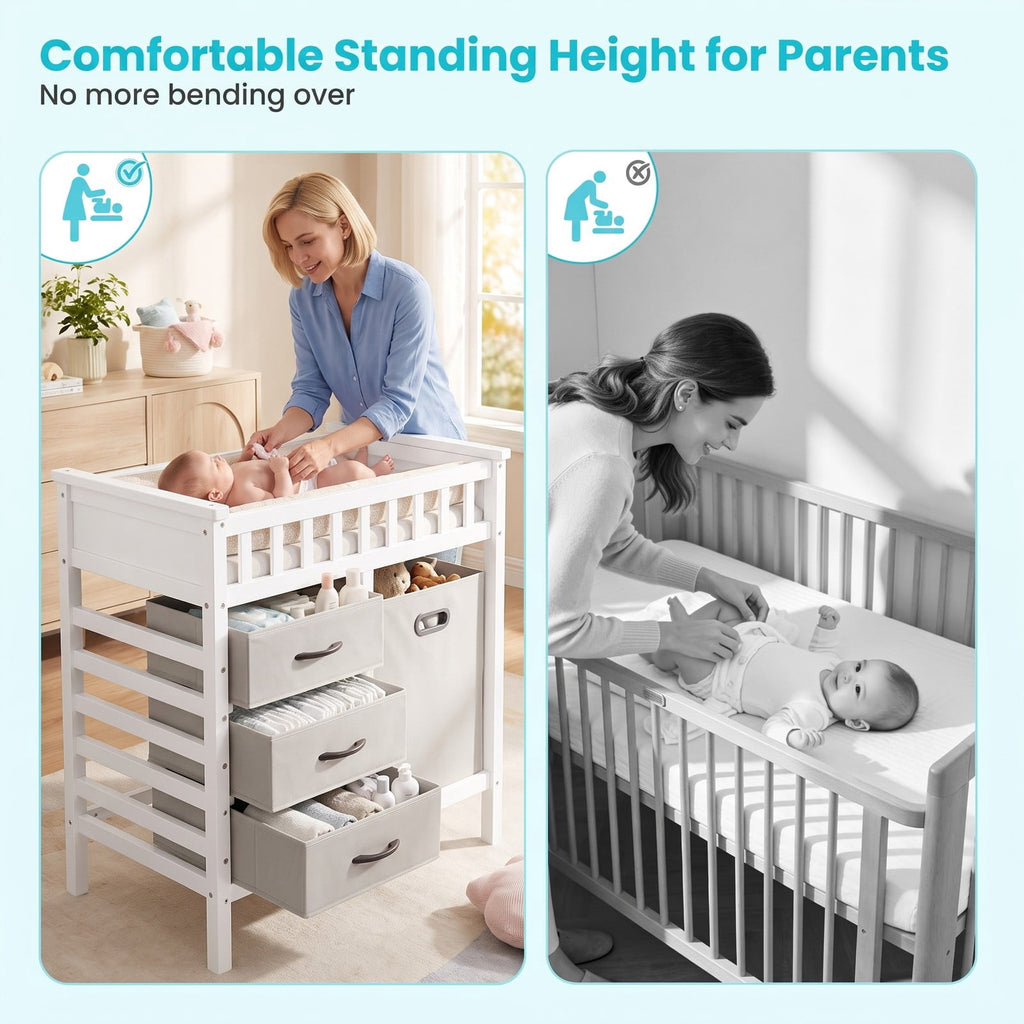 Airfind Wooden Baby Changing Table Diaper Changing Station with 3 Fabric Storage Drawers, 30 lbs Capacity, Engineered Wood Pine PEVA Foam Frame