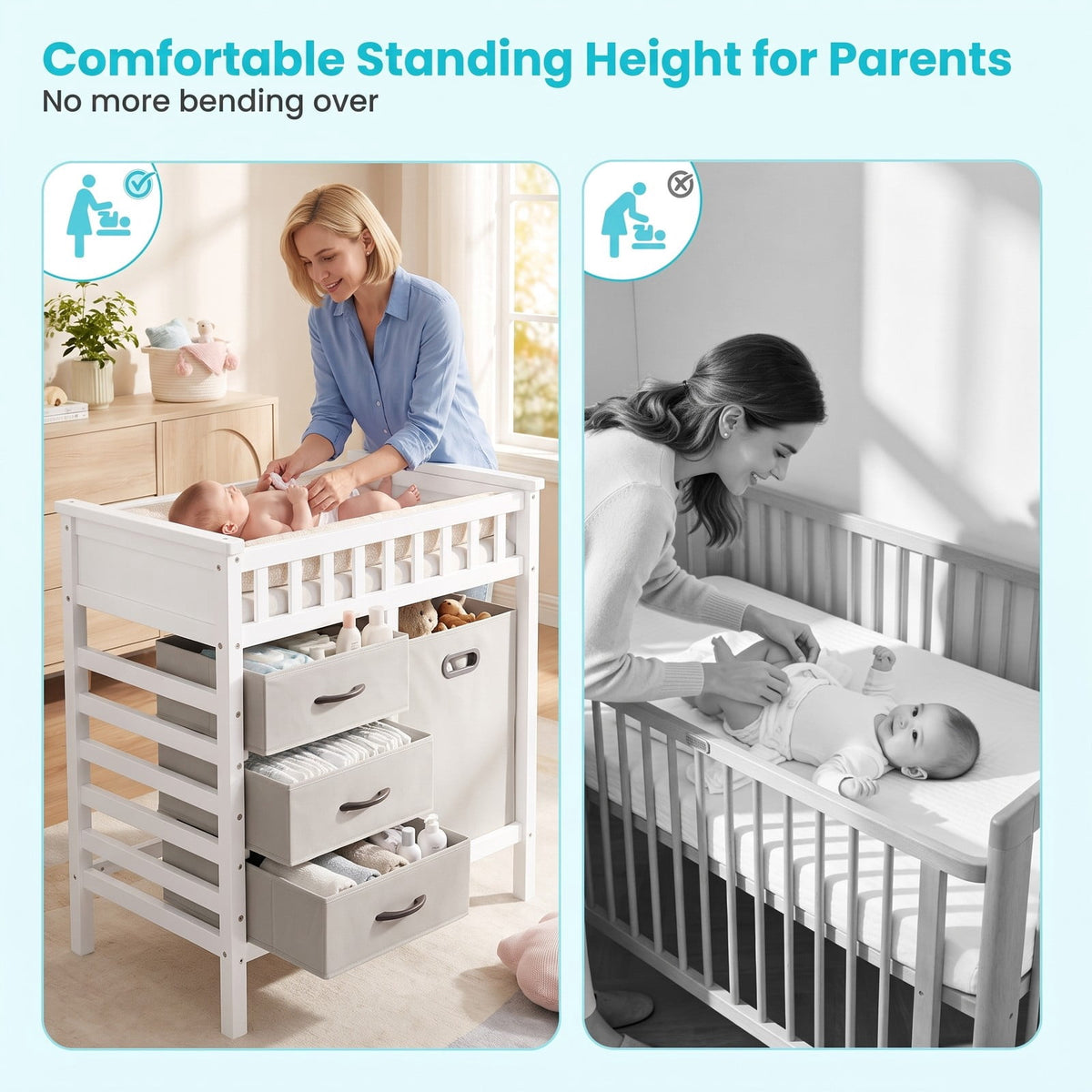 Airfind Wooden Baby Changing Table Diaper Changing Station with 3 Fabric Storage Drawers, 30 lbs Capacity, Engineered Wood Pine PEVA Foam Frame