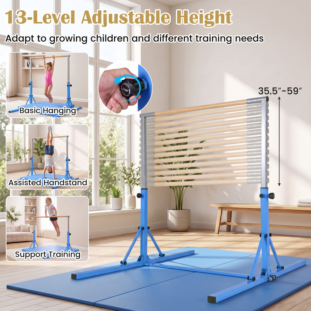Airfind Foldable Gymnastics Bar for Kids with 3 Level Adjustable Height and Bamboo Grip Bar for Home Balance and Coordination Training, Blue