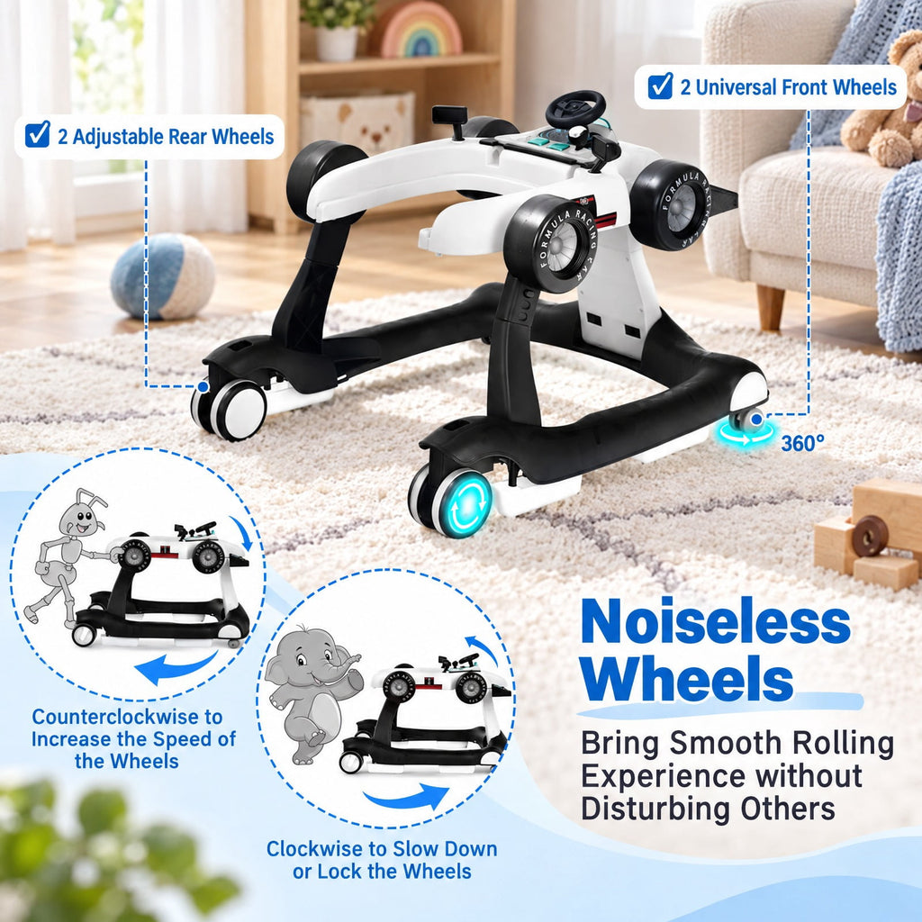 AIRFIND Baby Walker with 4 Activity Modes, 3 Adjustable Heights, Music and Lights, Rear Wheel Speed Control and Folding Frame, White