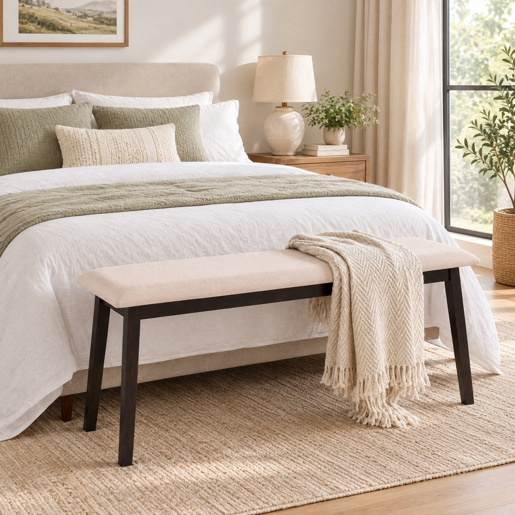 Airfind 43.5 Inch Upholstered Entryway Bench with Rubber Wood Frame, 550 lbs Capacity, Faux Linen Fabric Frame, 43.5 Inch x 14 Inch x 18 Inch Footprint, Beige