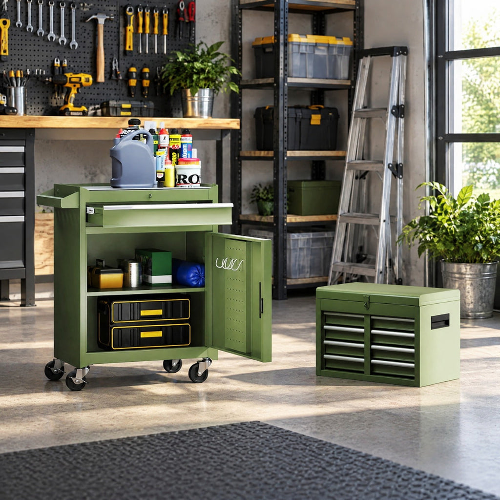 Airfind 2-in-1 Rolling Tool Chest with 5 Sliding Lockable Drawers, 220.5 lbs Capacity, Steel rubber-plastic synthetic Frame, Green