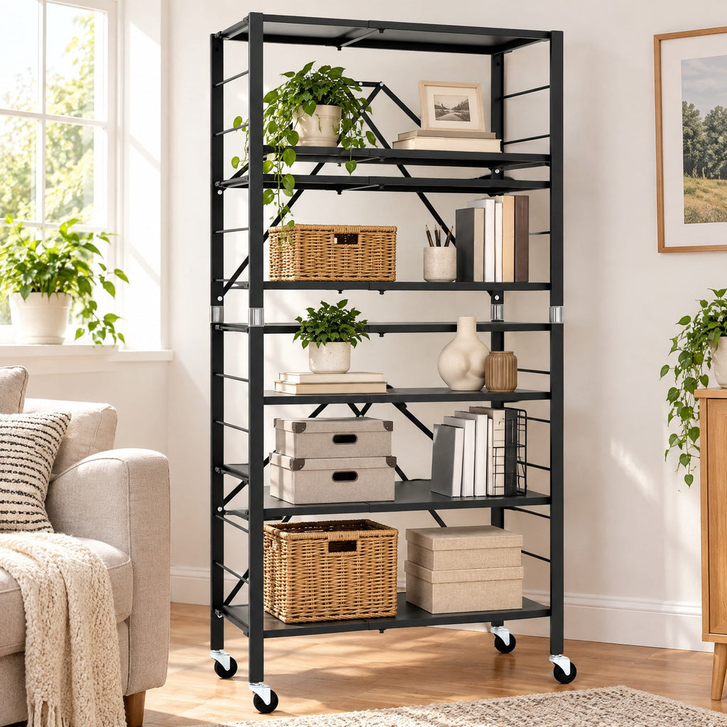 Airfind 5-Tier Foldable Storage Shelf with Wheels, 165 lbs Capacity, Metal Frame, 30 Inch x 13.5 Inch x 60.5 Inch Footprint, Black
