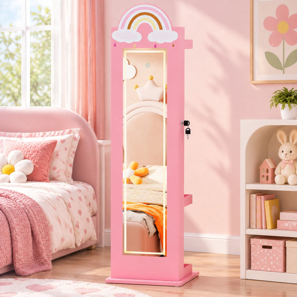 Airfind 3 In 1 Kids Jewelry Cabinet Freestanding Jewelry Armoire with 3-Color Lighted Mirror, MDF Glass Acrylic Frame, Pink