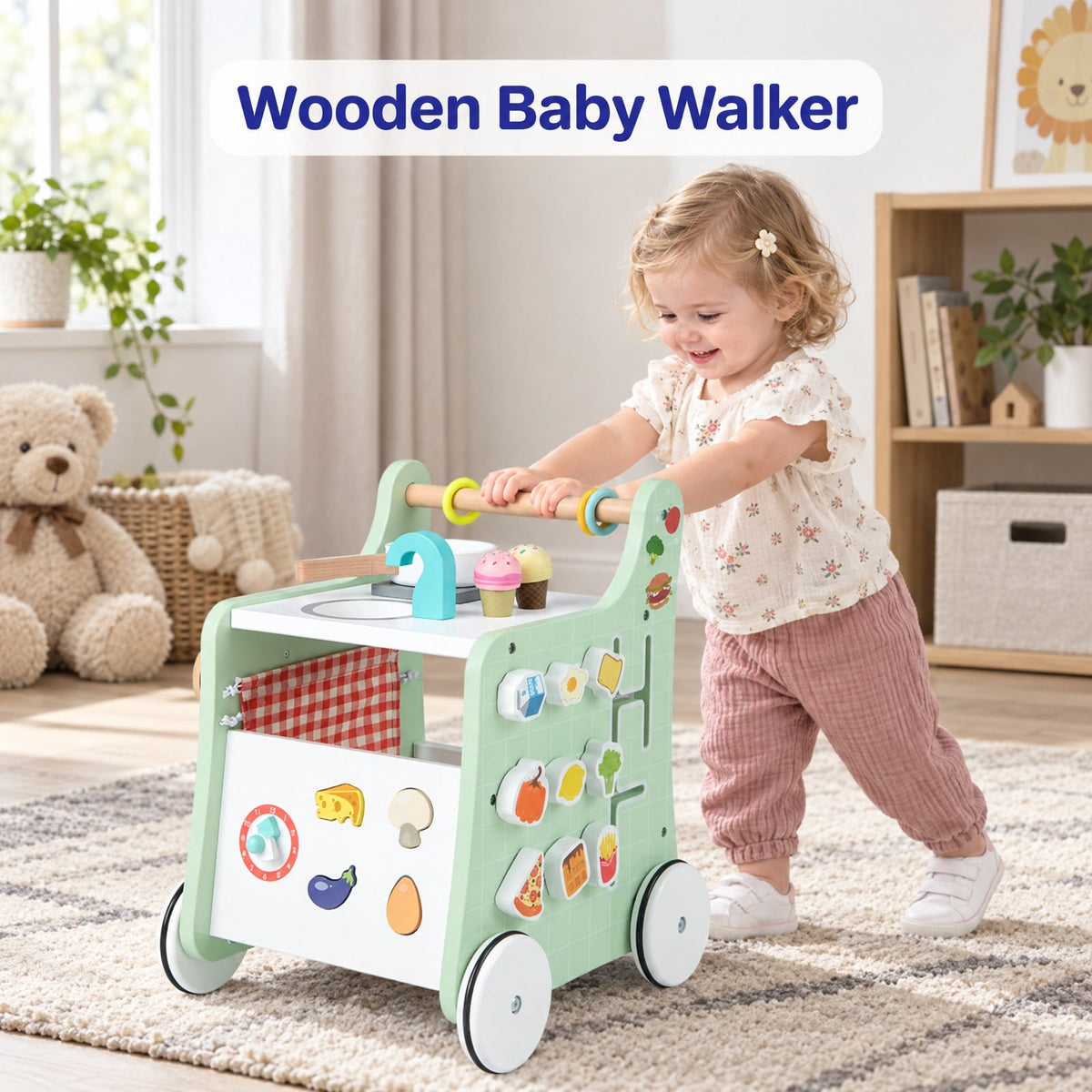 Airfind 6-in-1 Wooden Baby Stroller with Play Kitchen for Kids Over 12 Months, MDF Beech Wood Plastic Frame, 12 x 13.5 x 16.5 Footprint, Green