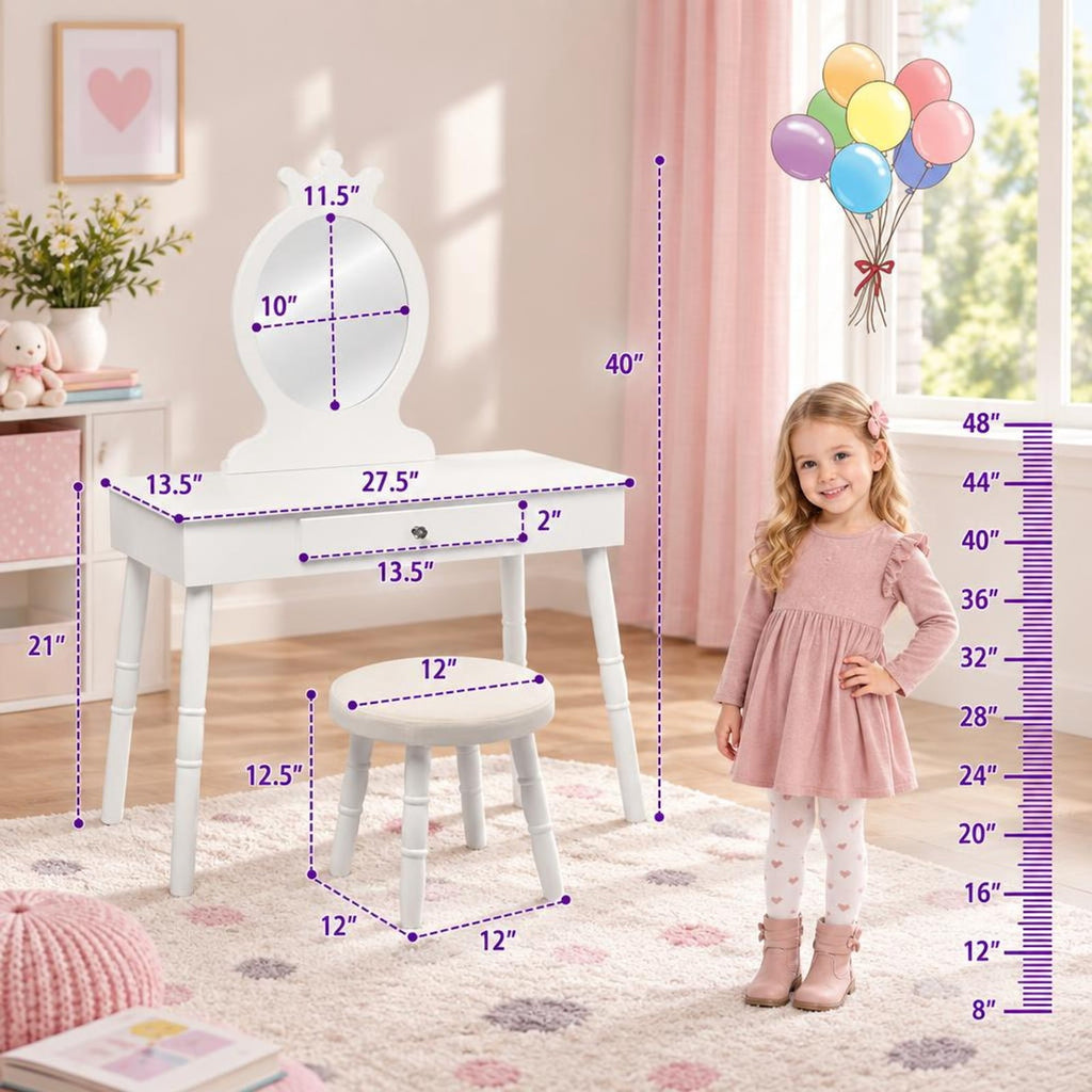 Airfind Kids Vanity Makeup Table and Chair Set Make Up Stool, 33 lbs Capacity, MDF pine wood Frame, 27.5 Inch x 13.5 Inch x 40 Inch Footprint, White