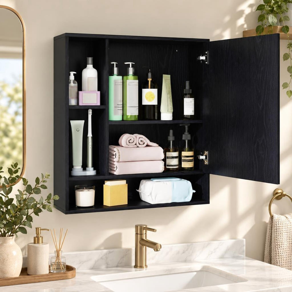 Airfind Wall Mounted Bathroom Cabinet with Mirror Single Door, 176 lbs Capacity, Glass MDF Engineered Wood Frame, 21.5 Inch x 6.5 Inch x 24 Inch Footprint