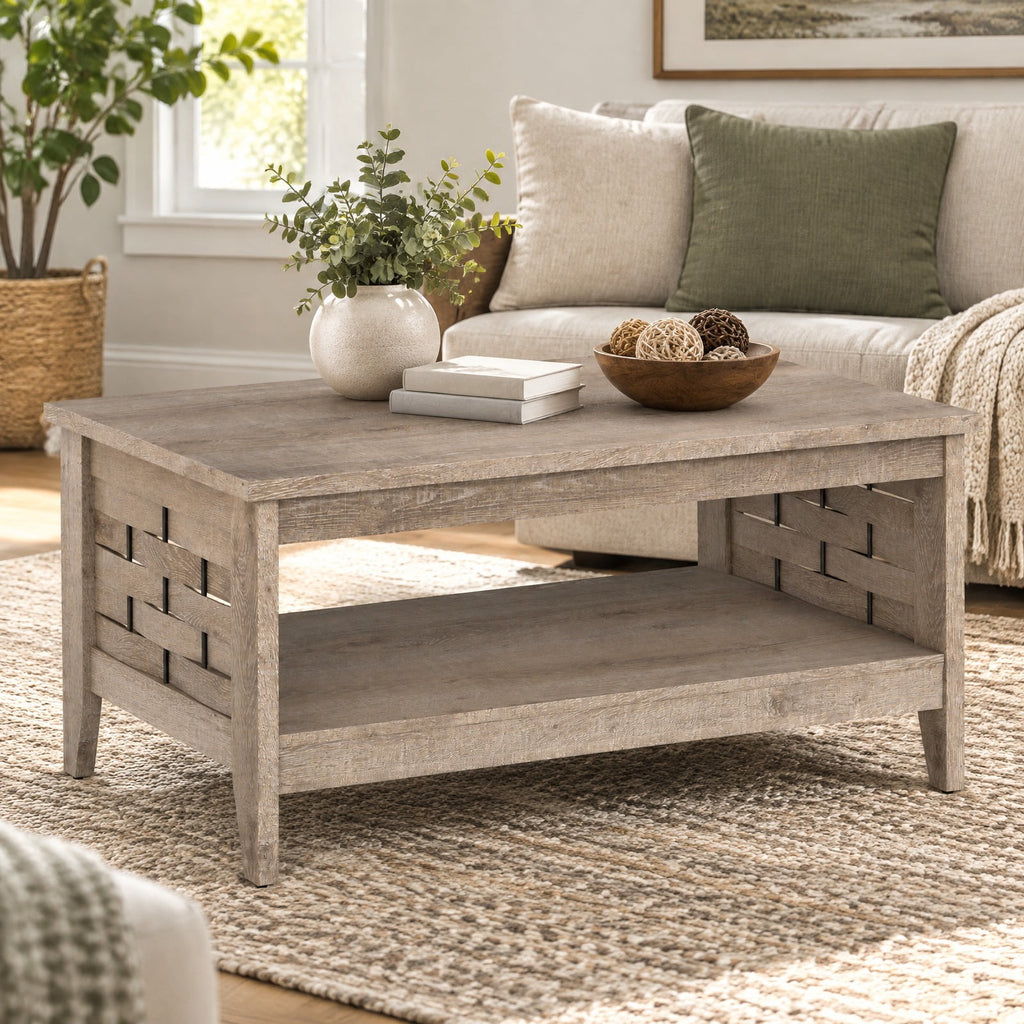 Airfind 2-Tier Farmhouse Coffee Table with Open Shelf and Woven Decorations for Living Room, 135 lbs Capacity, Engineered Wood MDF Frame, Coffee