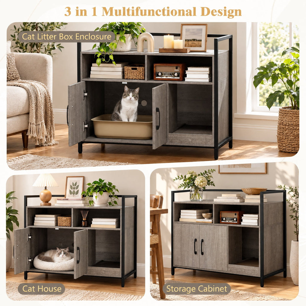 Airfind Hidden Cat Washroom with Double Doors and Scratch Cardboard, MDF Metal Frame, 35 x 17.5 x 29.5 Compartment Footprint, Oak