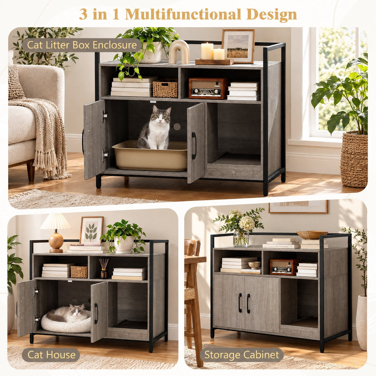 Airfind Hidden Cat Washroom with Double Doors and Scratch Cardboard, MDF Metal Frame, 35 x 17.5 x 29.5 Compartment Footprint, Oak