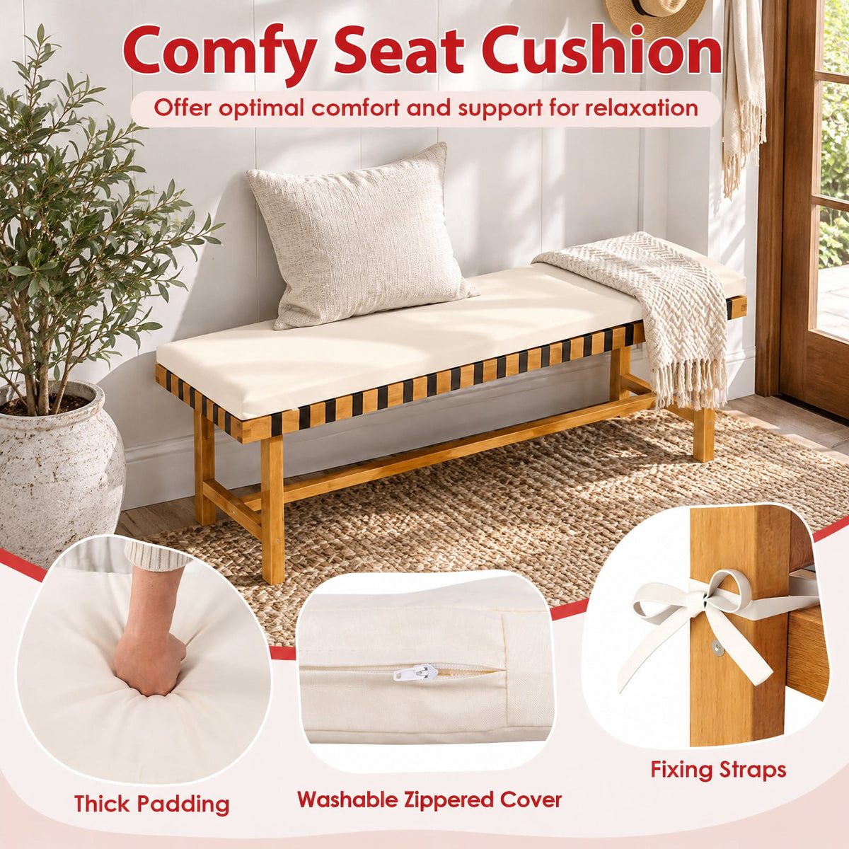 Airfind 48 inch Acacia Wood Outdoor Bench with Thick Padded Seat Cushion, 800 lbs Capacity, Acacia Wood Weaving Ropes Polyester Fabric Sponge Frame