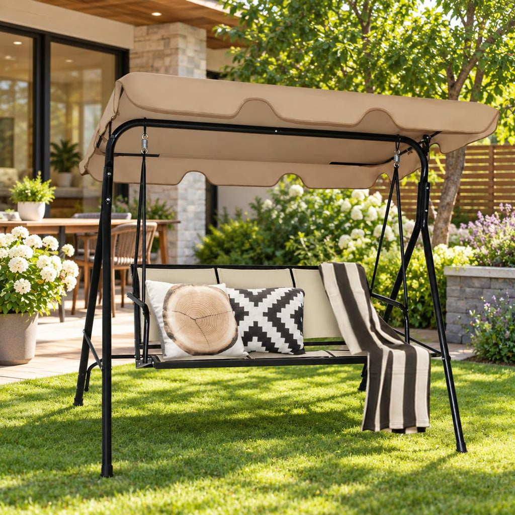 Airfind 3 Person Steel Frame Patio Swing with Polyester Angle and Adjustable Canopy, 550 lbs Capacity, Steel textile fiber polyester Frame, Brown