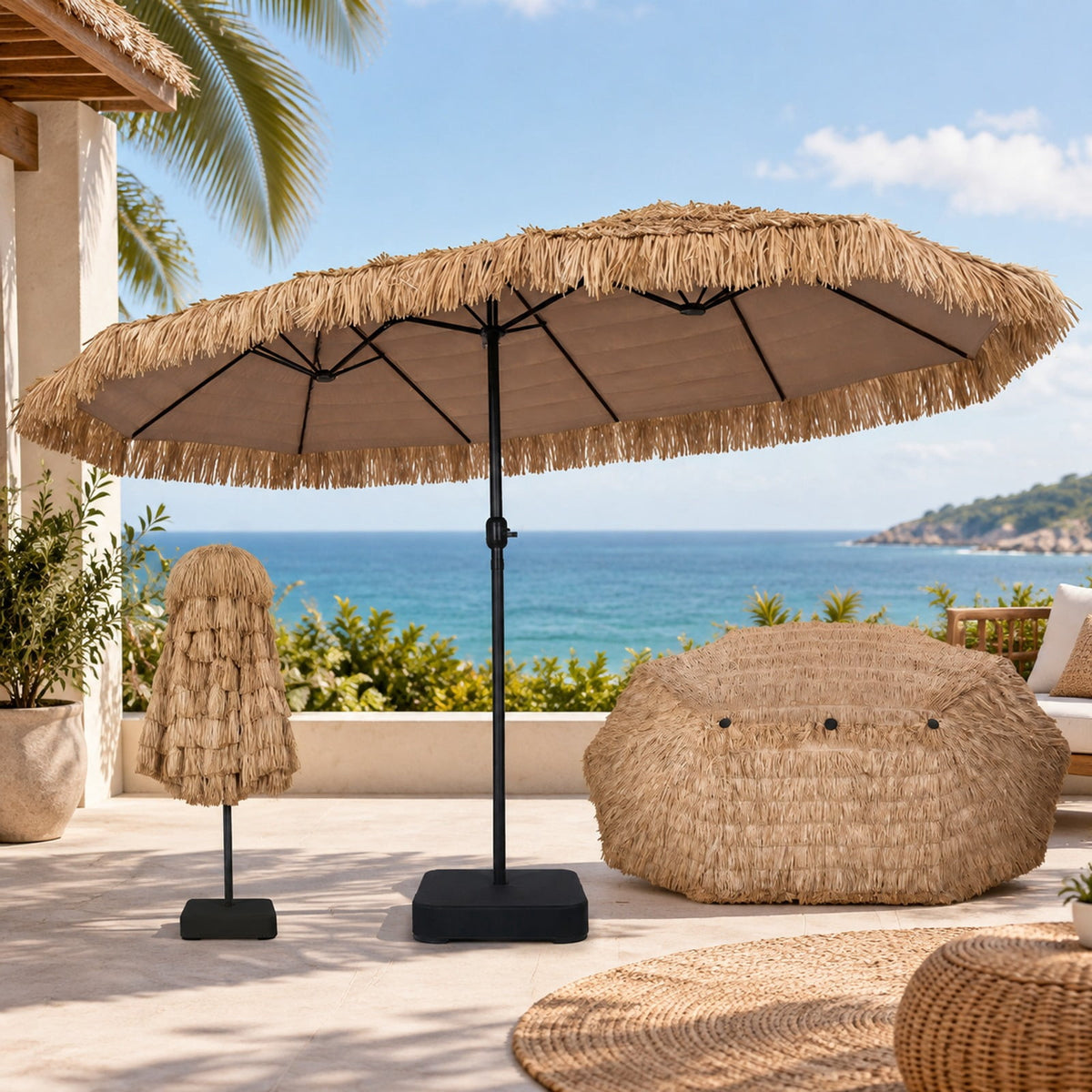 Airfind 15 x 9 FT Solar Double-Sided Patio Umbrella Base Included for Garden Bar, Polyester Fabric Metal PE Thatch ABS Frame, Brown