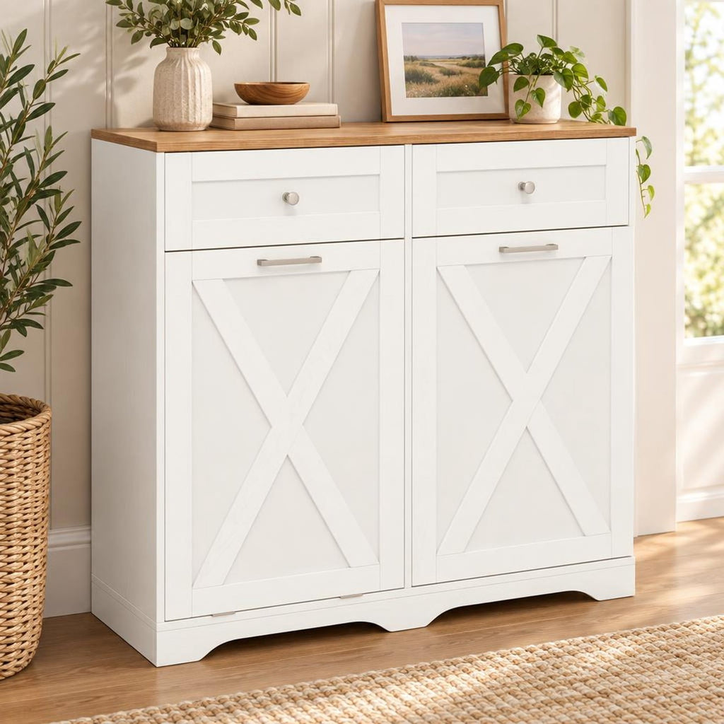 Airfind Tilt Out Trash Can Cabinet featuring Outlets and Adjustable Shelf, 100 lbs Countertop Capacity, MDF Engineered Wood Frame, White