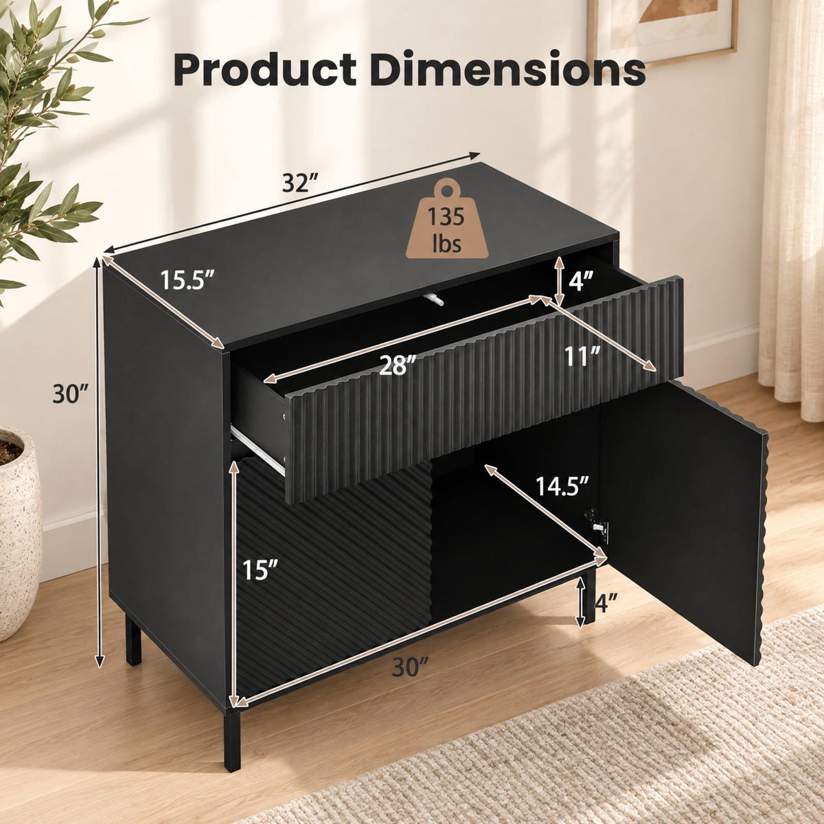 Airfind 32 Wide Buffet Cabinet with 2 Doors and 1 Drawer for Kitchen, 135 lbs Capacity, MDF Engineered Wood Metal Frame, Black