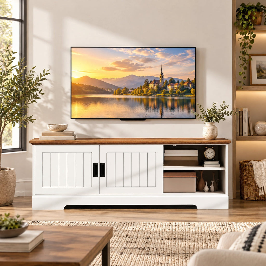 Airfind Farmhouse TV Stand for TVs up to 65 Inch with Sliding Doors and Storage Cabinets, 88 lbs Capacity, Engineered Wood MDF Frame, White