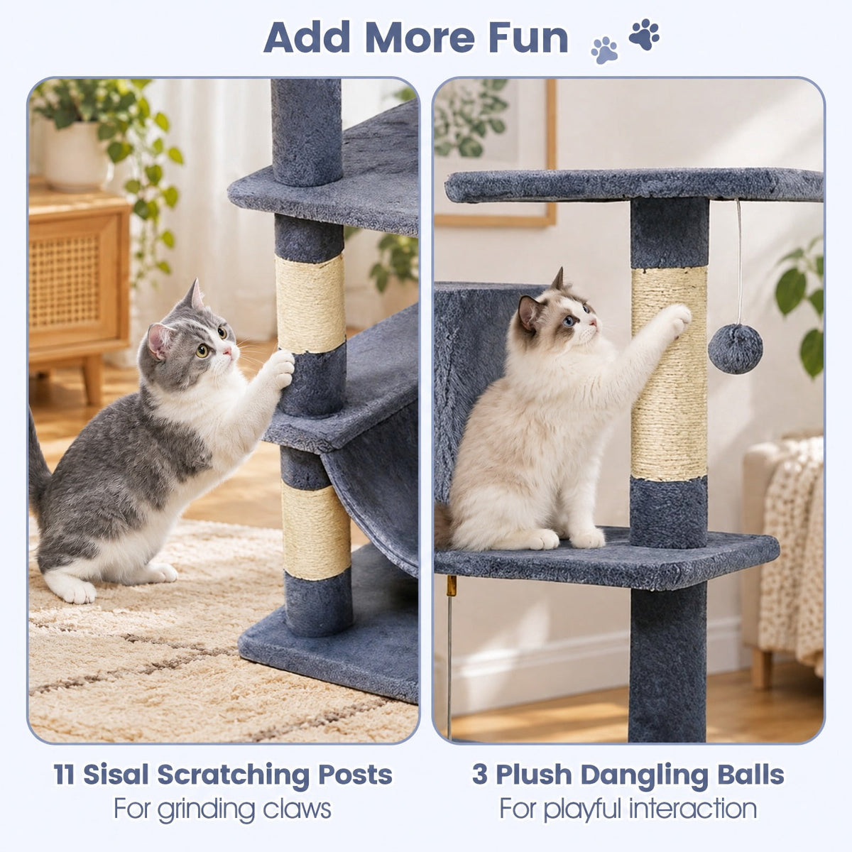 Airfind 66 Inch Tall Cat Tree Multi-Level Cat Tower with 2 Condos Sisal Scratching Posts, 33 lbs Capacity, Dark Gray