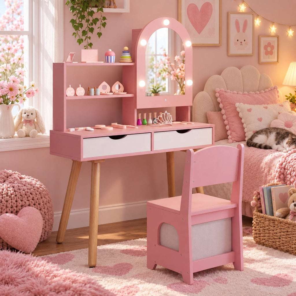 Airfind Kids Vanity Set Pretend Play Dressing Table Set with 3-Color Lighting Modes and Mirror Cabinet, 44 lbs Capacity, MDF Frame, Pink
