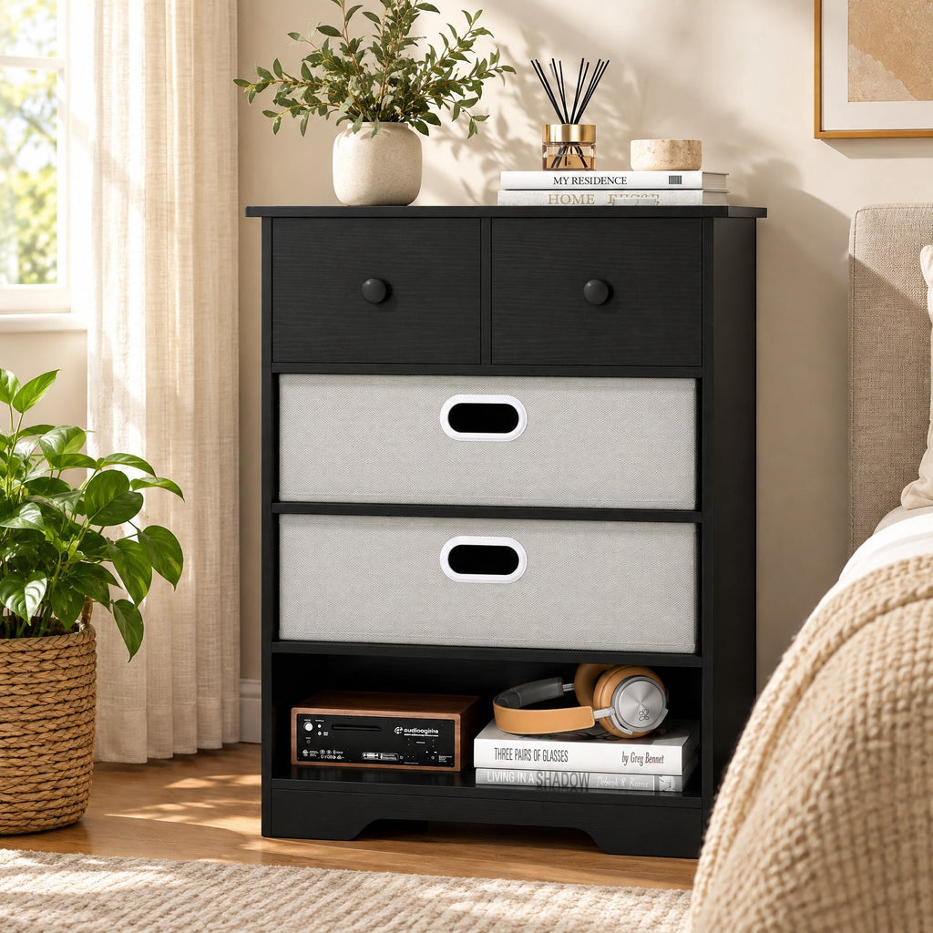 Airfind 4-Drawer Dresser Modern Chest Storage Organizer with Open Shelves, 100 lbs Capacity, Engineered Wood MDF Fabric Frame, Black