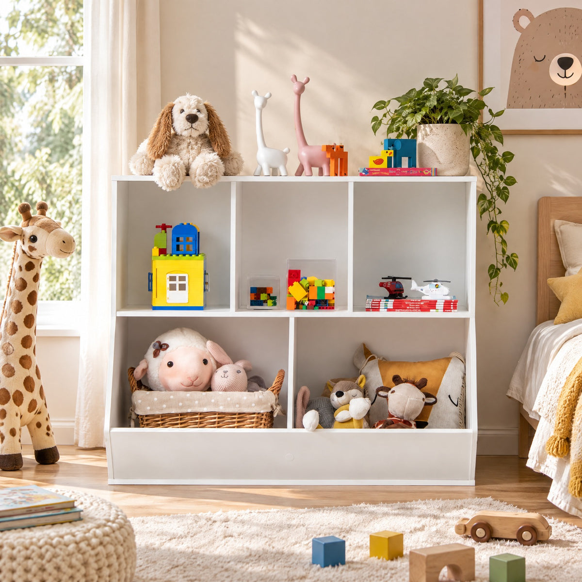 Airfind 5-Cube Wooden Kids Toy Storage Organizer with Anti-Tipping Kits, 110 lbs Capacity, MDF Engineered Wood Frame, 35.5 Inch x 16 Inch x 30 Inch Footprint