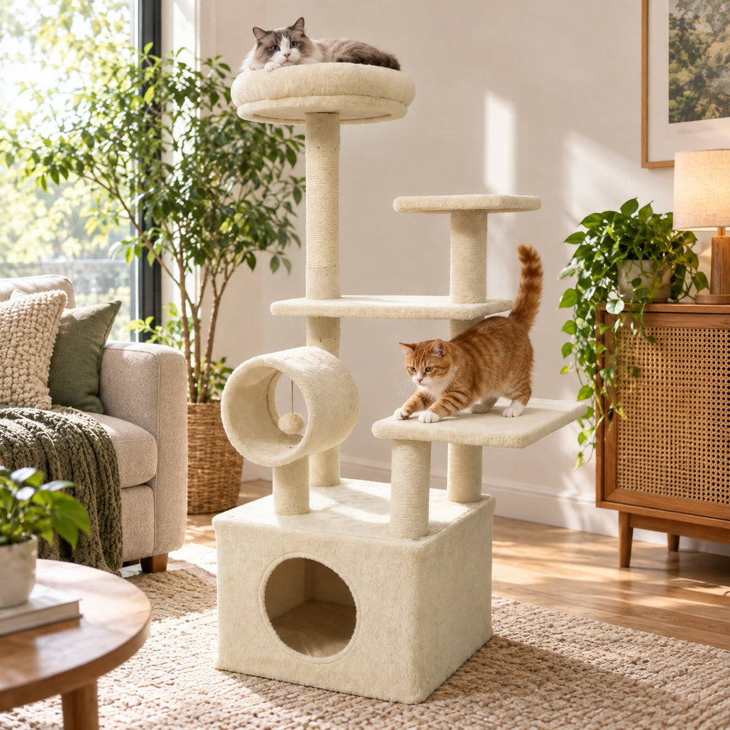 Airfind 48 Inches Tall Cat Tree Multi-Level Kitten Tower with Large Condo Padded Top Perch, Engineered Board Plush Sponge Jute Frame, Beige