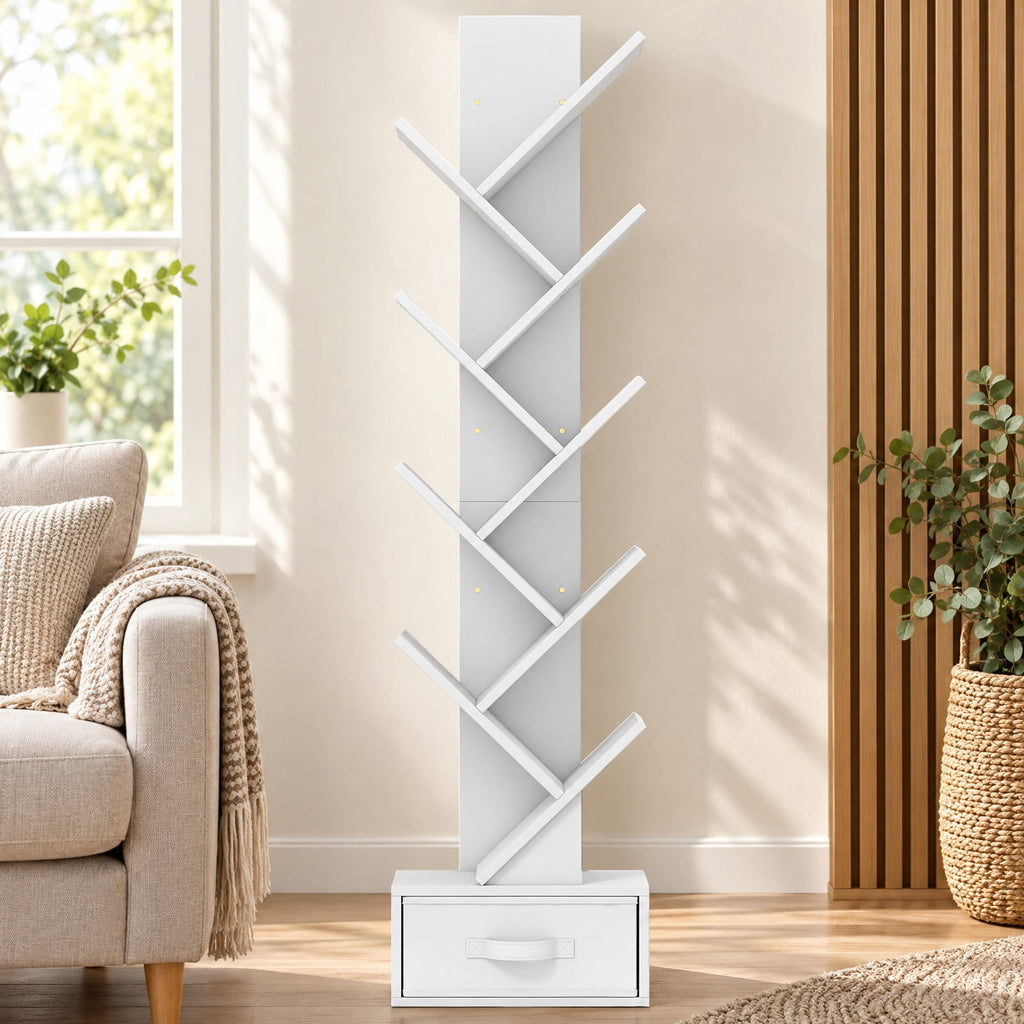 Airfind 10-Tier Bookshelf with Drawer Free-standing Storage Bookcase, 26.5 lbs Capacity, 13 x 7 x 5.5 (L x W x H)Overall Footprint, White