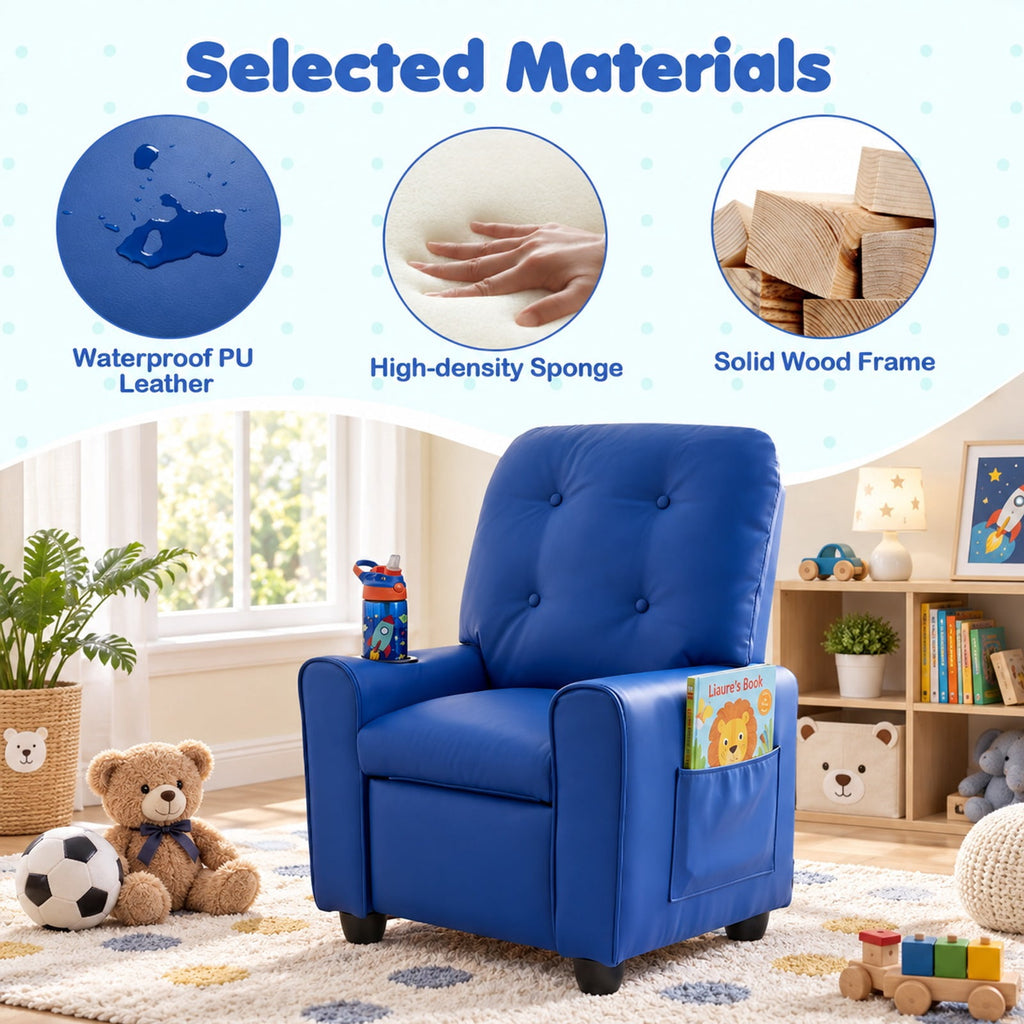 Airfind Youth Recliner Chair with Cup Holder, Side Pocket and Push-back Footrest, PU Upholstery, 24 x 21 x 30 in for Everyday Use, Blue