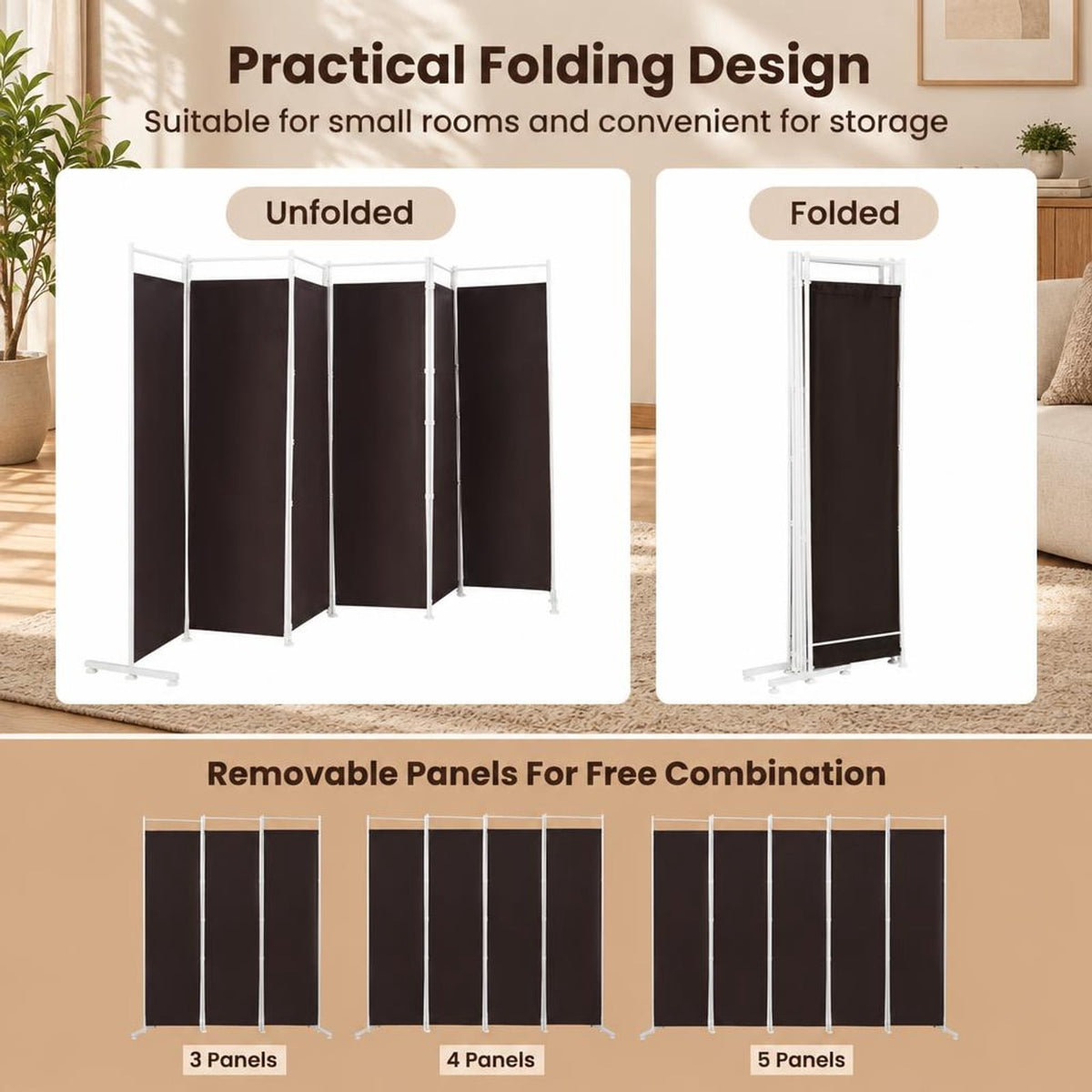 Airfind Room Divider, 6-Panel, Folding Privacy Screen, polyester steel Opening Frame, 10 FT x 6 FT Footprint with Functional Design, Brown