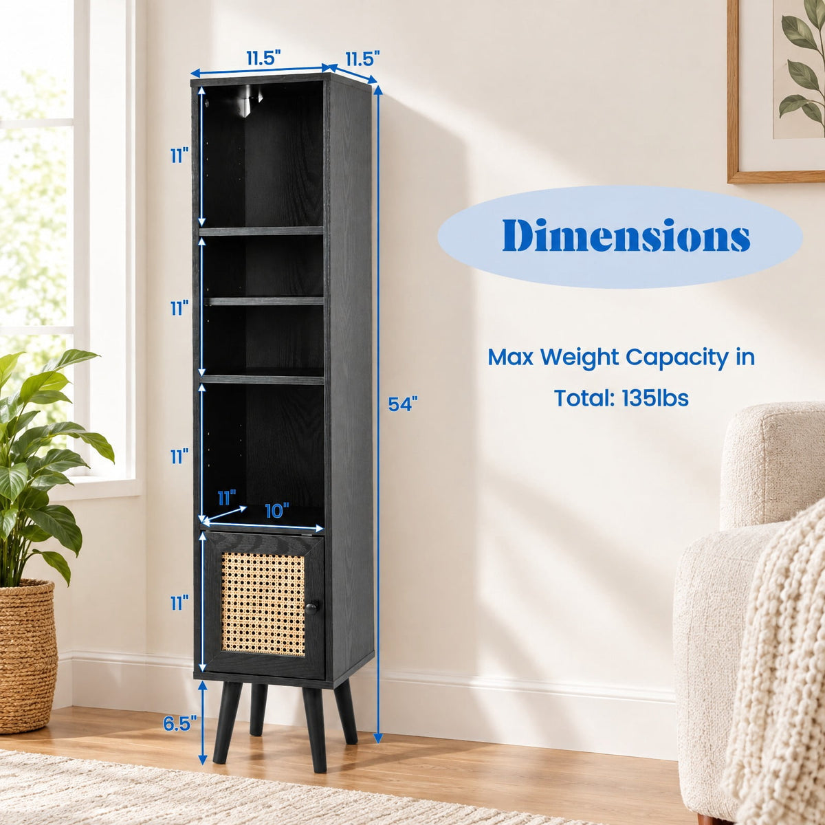 Airfind 4 Tiers Rattan Storage Cabinet with Slim Design, 135 lbs Capacity, Engineered Wood Solid Wood Rattan Frame, 12 x 12 x 54 Footprint, Black