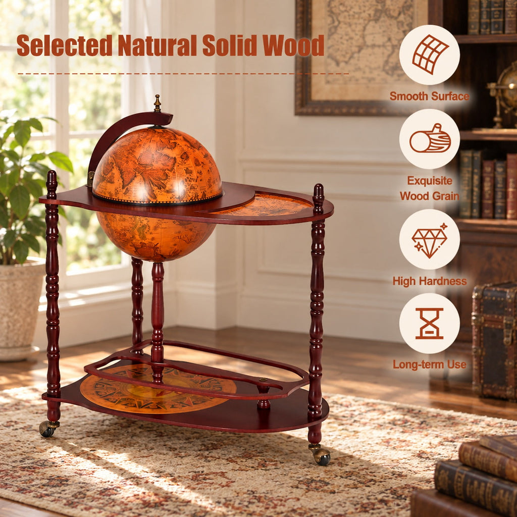 Airfind Vintage Globe Rolling Wine Bar Cart with Extra Shelf, Wood， plastic globe Assembly Frame, Brand new and high quality