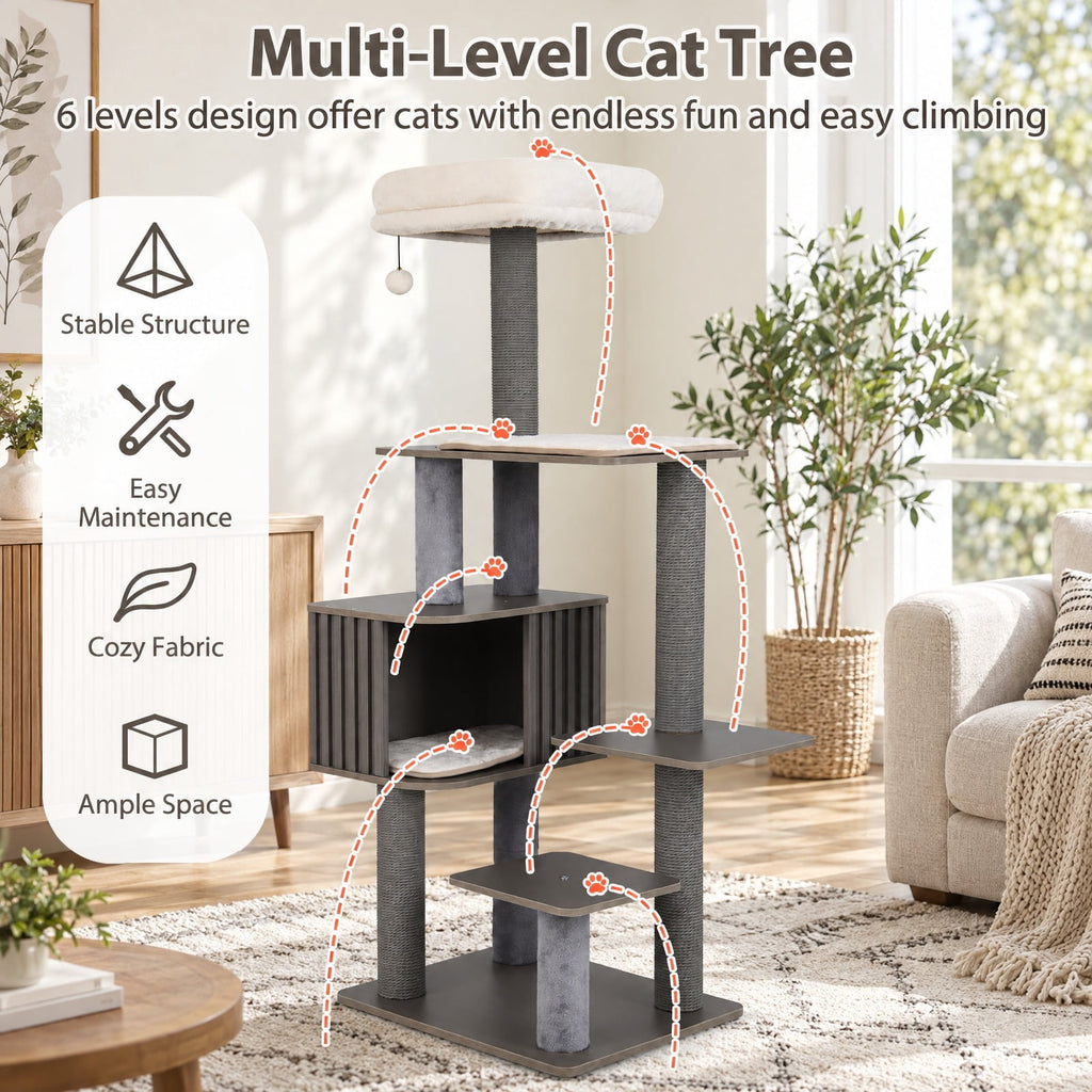 Airfind Multi-level Cat Tree for Indoor Cat 59.5 inch Tall Cat Tower with Cushion Top Perch, 23 Inch x 19 Inch Cat Condo Footprint, Gray