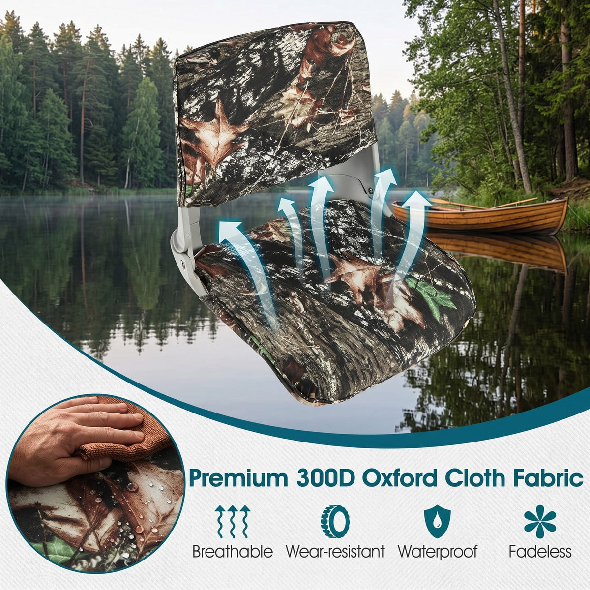 Airfind Low Back Folding Padded Boat Seat with Oxford Fabric Cover and 4 Bolts for Fishing and Sightseeing Boats, Camouflage