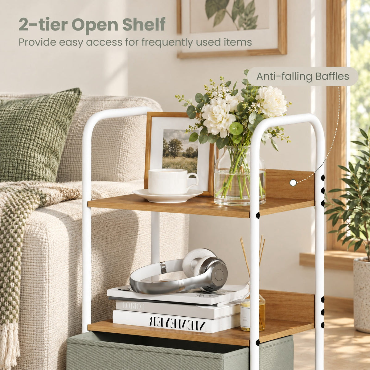 Airfind Rolling Utility Storage Cart with 2 Open Shelves and 2 Fabric Drawers, 22 lbs Capacity, Metal Engineered Wood Non-woven Fabric Frame