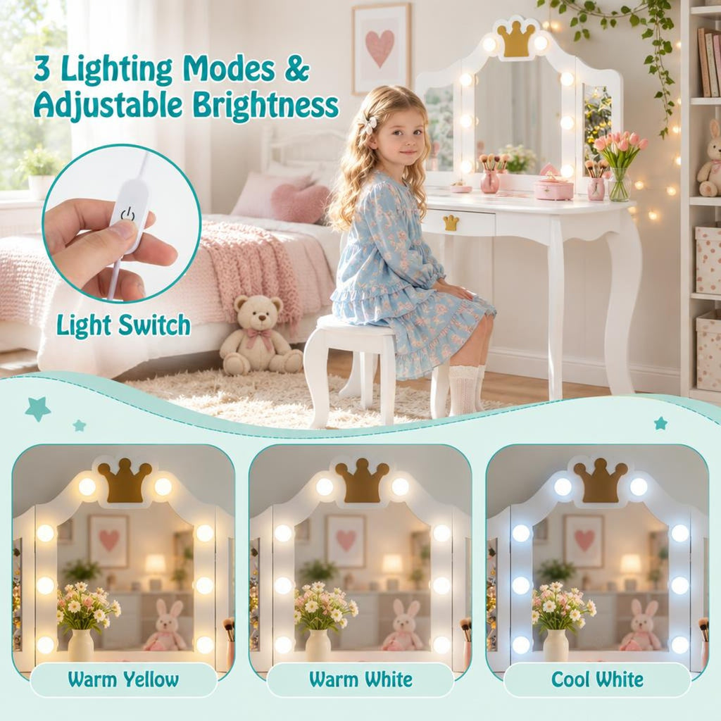 Airfind Kids Vanity Set with Tri-fold Lighted Mirror Detachable Top and Stool, 110 lbs Capacity, MDF Frame, for 3-7 Years Old, White