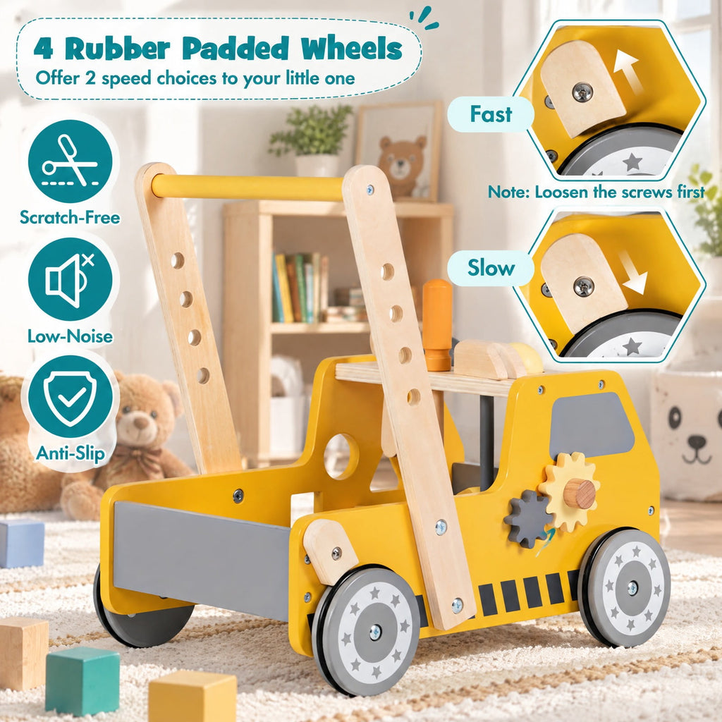 Airfind 2-in-1 Wooden Baby Walker with Adjustable Speed and Bottom Storage, MDF Frame, for 3+ Years Old, 16in x 12.5in x 16.5in Footprint, Yellow