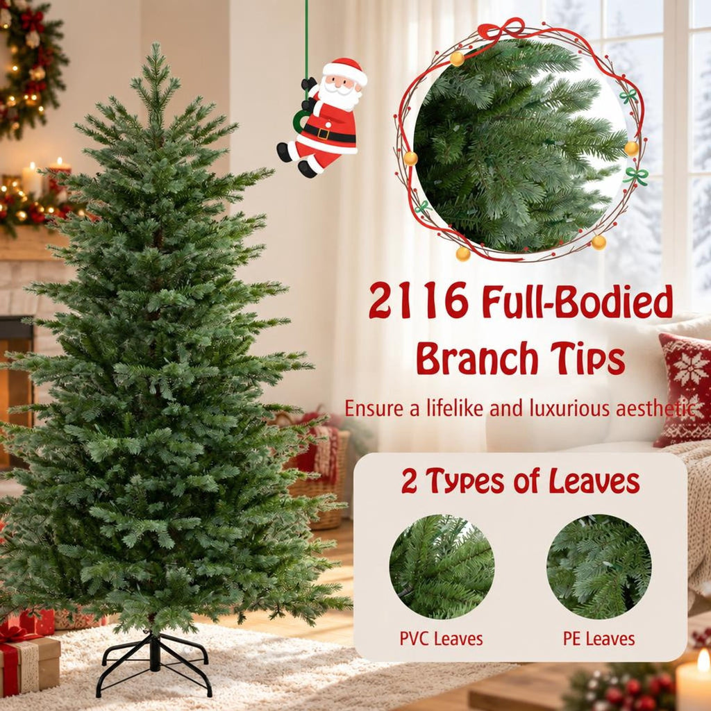 Airfind 6 Feet Artificial Christmas Tree with 2116 Lush PVC Branch Tips and 300 Warm White LED Lights, PVC PE Metal Frame, Green