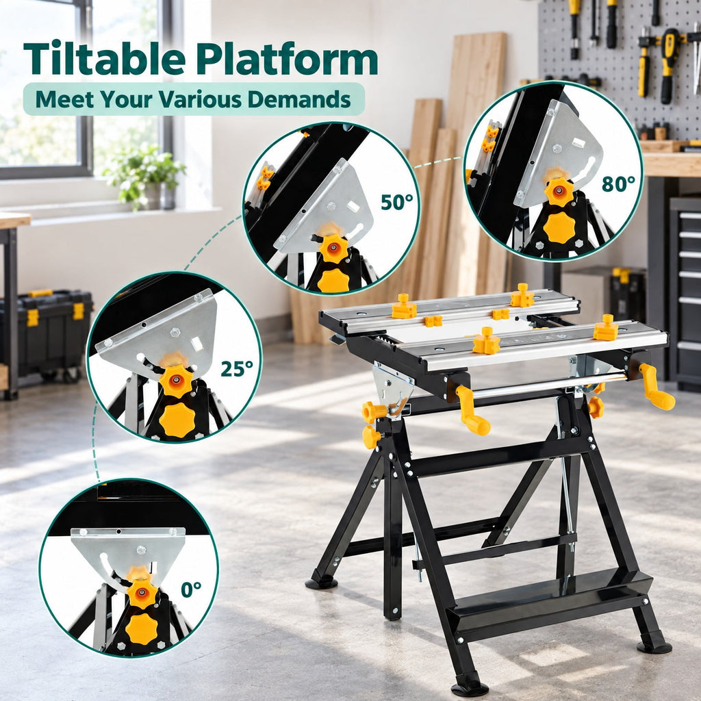 Airfind Folding Work Table with Tiltable Platform and 7-level Adjustable Height, 220 lbs Capacity, Aluminum Metal Frame, Black