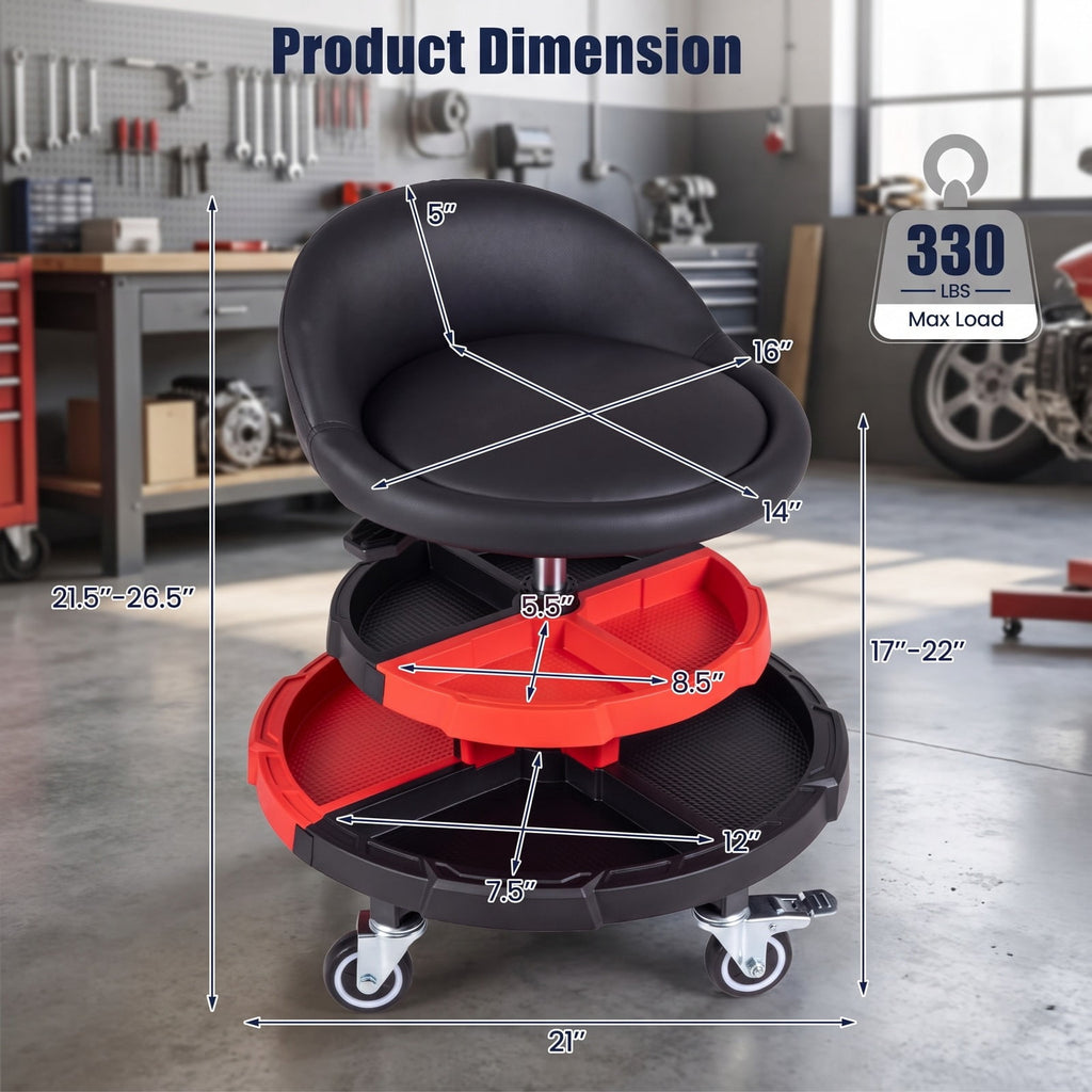 Airfind 360° Rolling Mechanic Stool with 2 Tool Storage Trays, 330 lbs Capacity, Metal Frame, 21 x 21 x 21.5-26.5 Footprint, Red