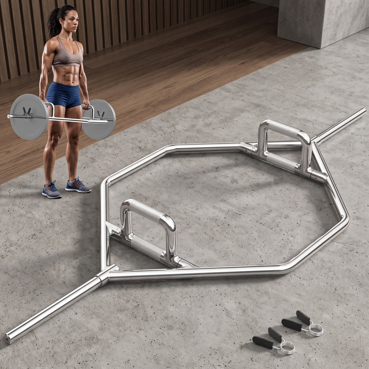 Airfind Standard Hex Trap Bar with 2 Spring Collars and Foldable Handles, 800 lb Capacity Steel Deadlift Weight Bar for Strength Training, Fits 1-Inch Plates, Silver