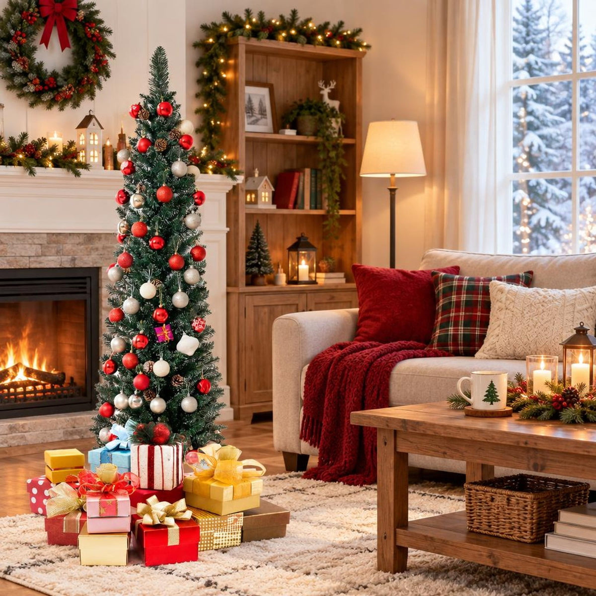 Airfind 5 Ft Slim Snow-Flocked Pencil Christmas Tree featuring 214 Branch Tips, 25 Pine Cones and Foldable Metal Stand, Green