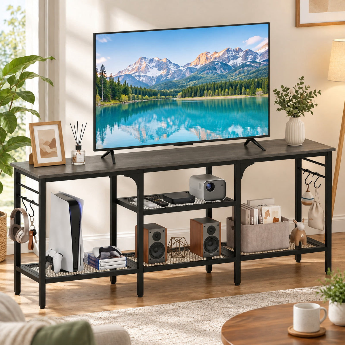 Airfind TV Stand, for TVs up to 65 Inch with 3-Tier Open Shelves and 4 Hooks, 685 lbs Capacity, Engineered Wood Metal Frame, Oak