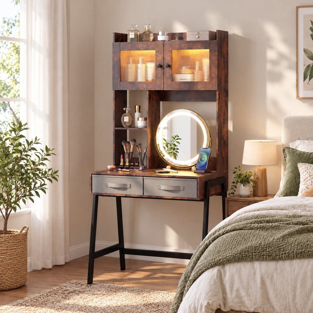 Airfind Vanity Desk with Rotatable Mirror and Lights Modern Dressing Table with 3 Light Colors, Engineered Wood Frame, 32.5 Inch x 21.5 Inch x 67 Inch Footprint
