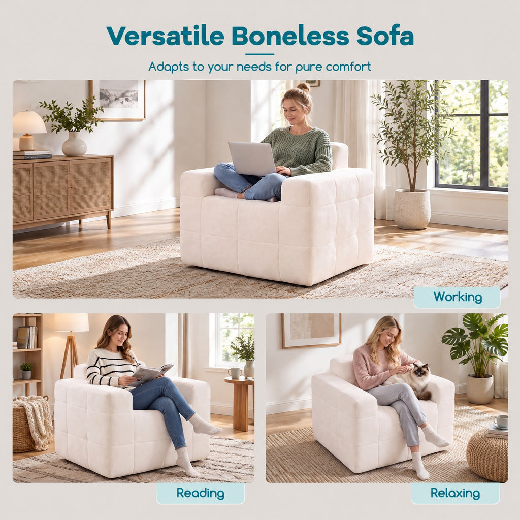 Airfind Boneless Single Sofa Chair Cloud Sofa with Terry Cloth Upholstery, 352 lbs Capacity, Terry Cloth Sponge Frame, Beige