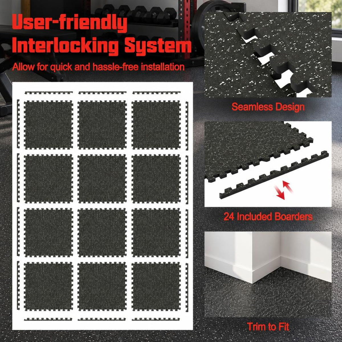 Airfind 0.79 inch Thick Rubber Top Exercise Mat 48 Sq Ft with Boarders, Rubber PE Foam Frame, of 12 Tiles 6 x 8 ft Total Footprint, Black