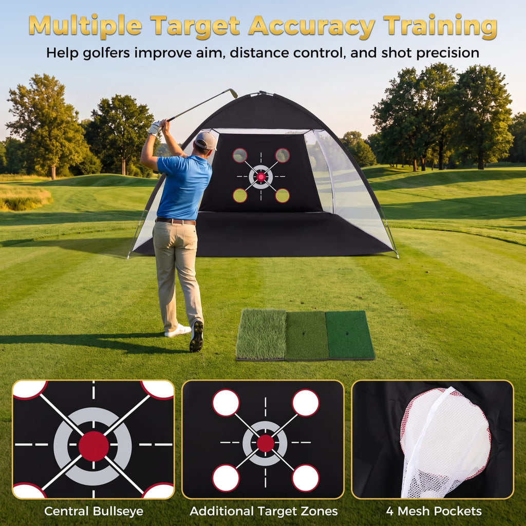 Airfind 10.3 x 6.5 Foot Golf Practice Net with Foldable Tri Turf Hitting Mat and Carry Bag for Backyard Garage and Indoor Swing Training, Black