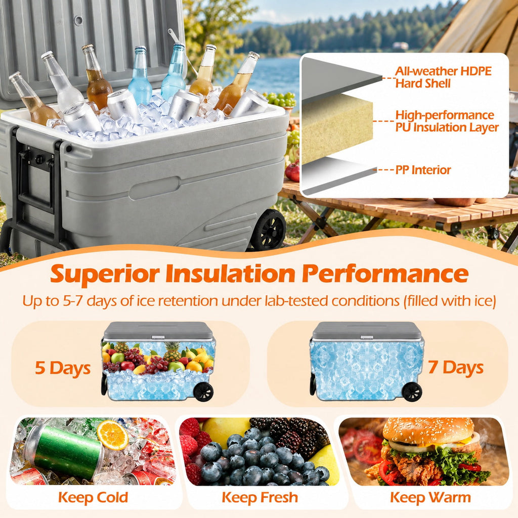 Airfind 103 Quart Outdoor Portable Wheeled Ice Cooler with Foldable Pull and Carry Handles, 330 lbs Capacity, HDPE PP PU TPE Frame, Gray